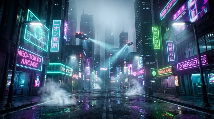 Ciudad cyberpunk con neones